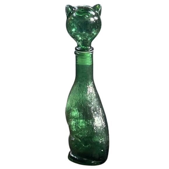 Empoli Cat Decanter 14” Italian Emerald Green Glass Bottle Beautiful! - Picture 1 of 2
